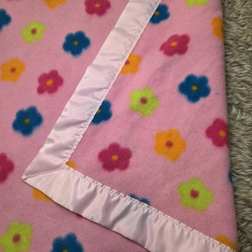 Baby Girl‎ Pink Fleece Blanket Satin Trim Floral Security Lovey Lovie Nursery